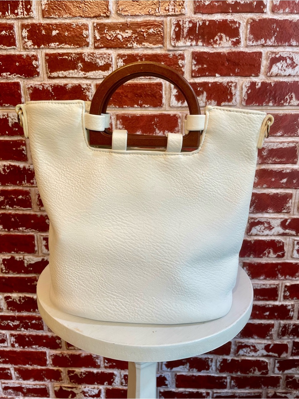 Kaari Blue Off-white Pebble Faux Leather Wooden Handle Satchel Bag